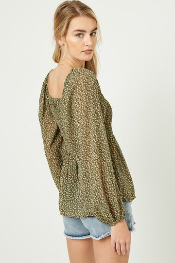 HJ3145W Olive Plus Square Neck Smocked Ditsy Floral Top Alternate Angle